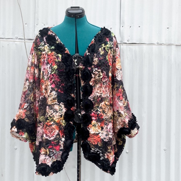 Handmade sequin, lace, and roses kimono jacket - Picture 3 of 8